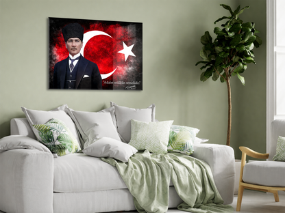 Kalpaklı Mustafa Kemal Atatürk Cam Tablo | “Adalet Mülkün Temelidir” 4 mm Temperli UV Baskılı -PeonyAta1312