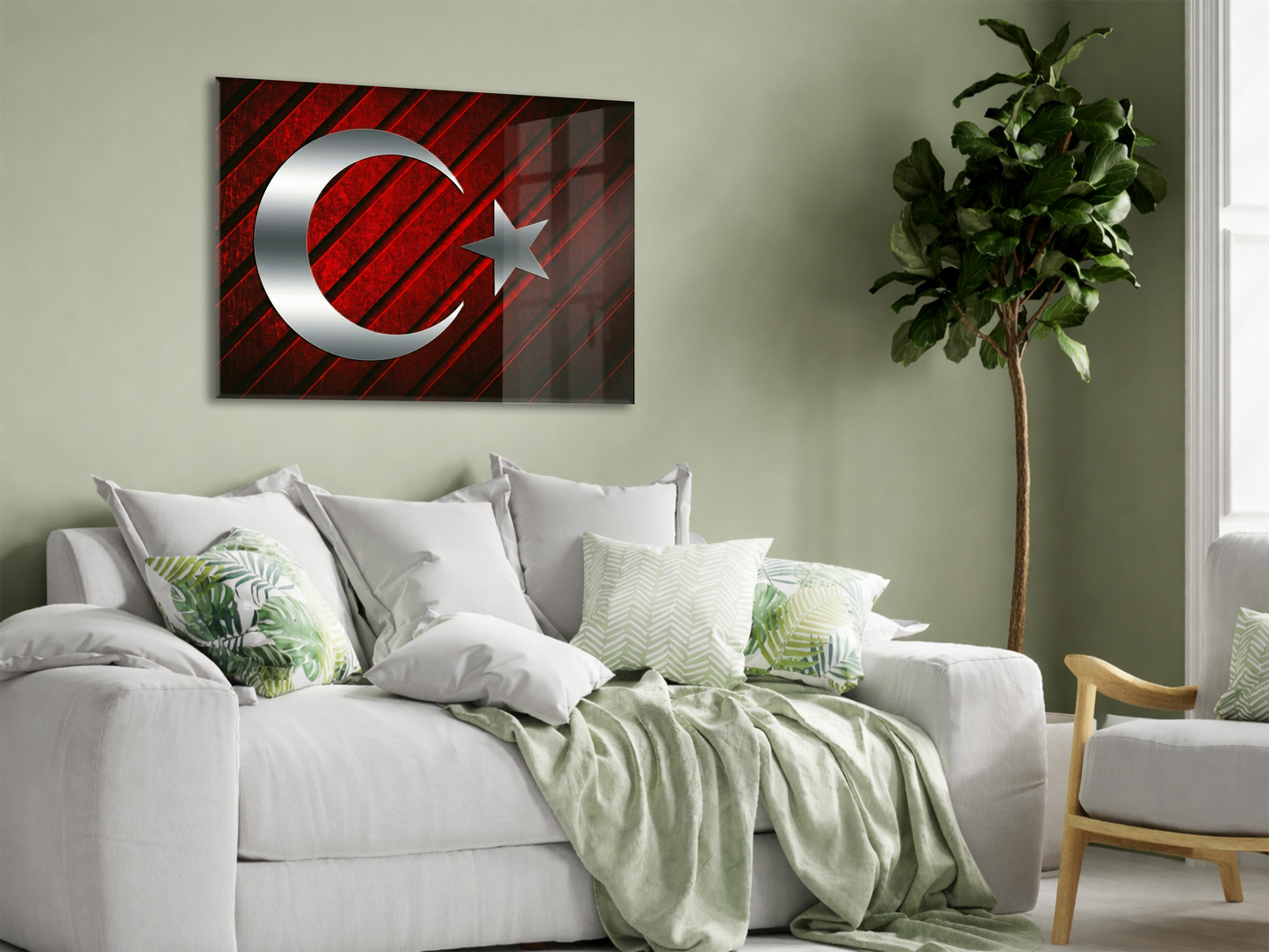 Modern Türk Bayrağı Cam Tablo | Metalik Ay Yıldız Tasarımlı 4 mm Temperli UV Baskılı Duvar Dekoru -PeonyAta1316