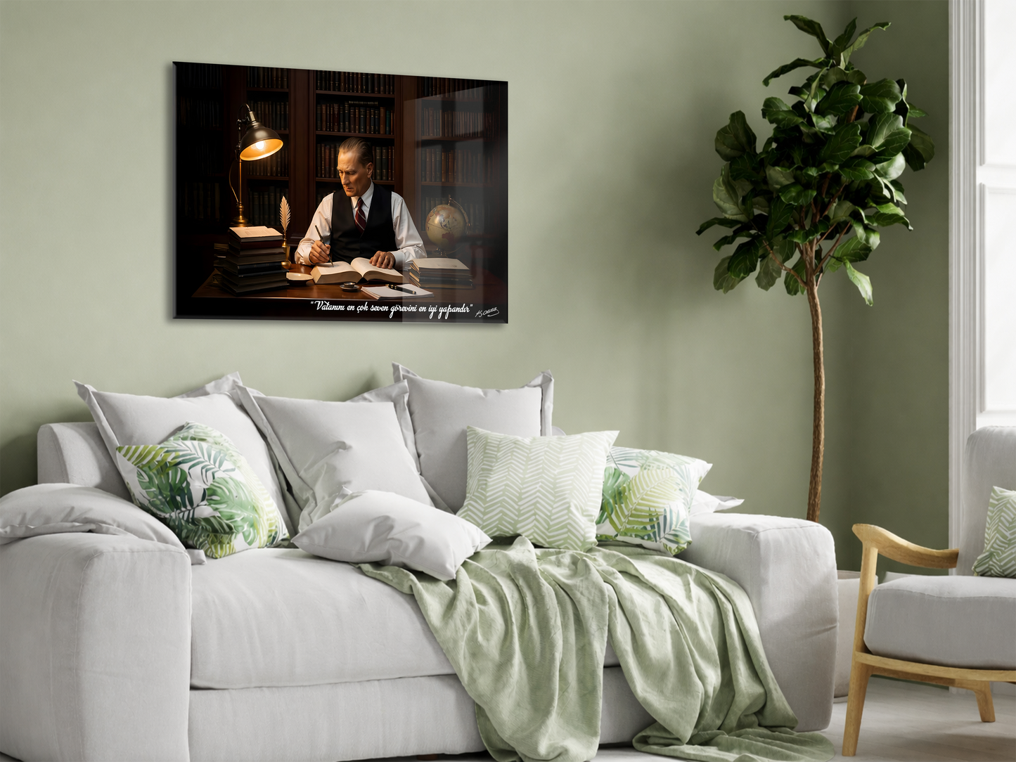 Mustafa Kemal Atatürk Çalışma Masası Cam Tablo | İmzalı Premium Cam Poster -PeonyAta1322