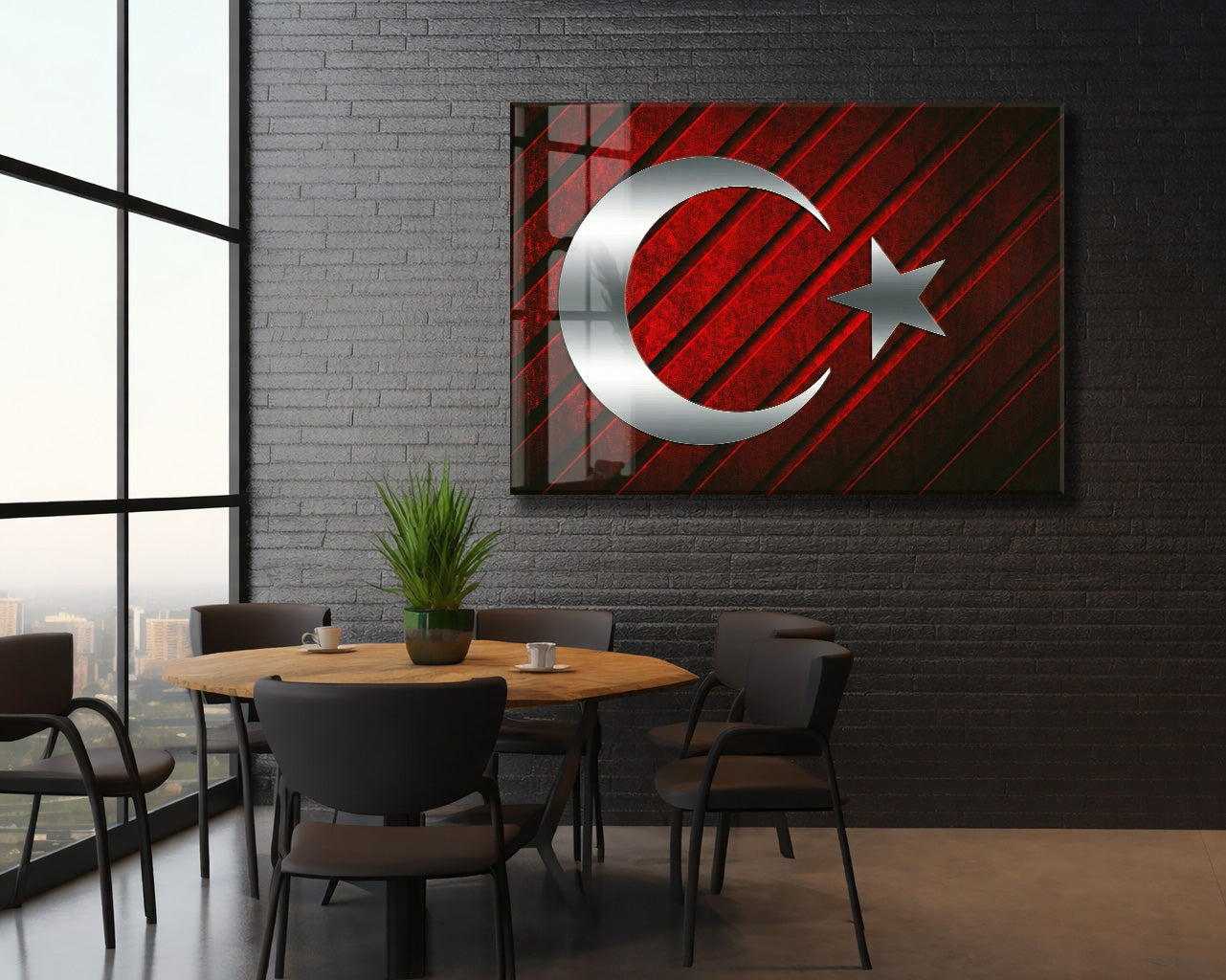 Modern Türk Bayrağı Cam Tablo | Metalik Ay Yıldız Tasarımlı 4 mm Temperli UV Baskılı Duvar Dekoru -PeonyAta1316