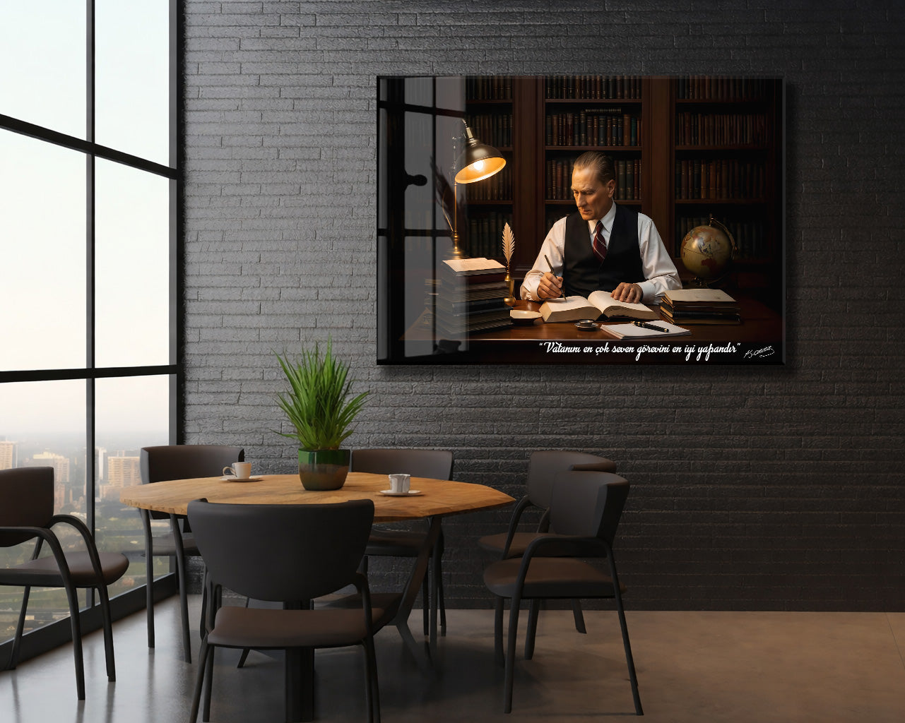 Mustafa Kemal Atatürk Çalışma Masası Cam Tablo | İmzalı Premium Cam Poster -PeonyAta1322