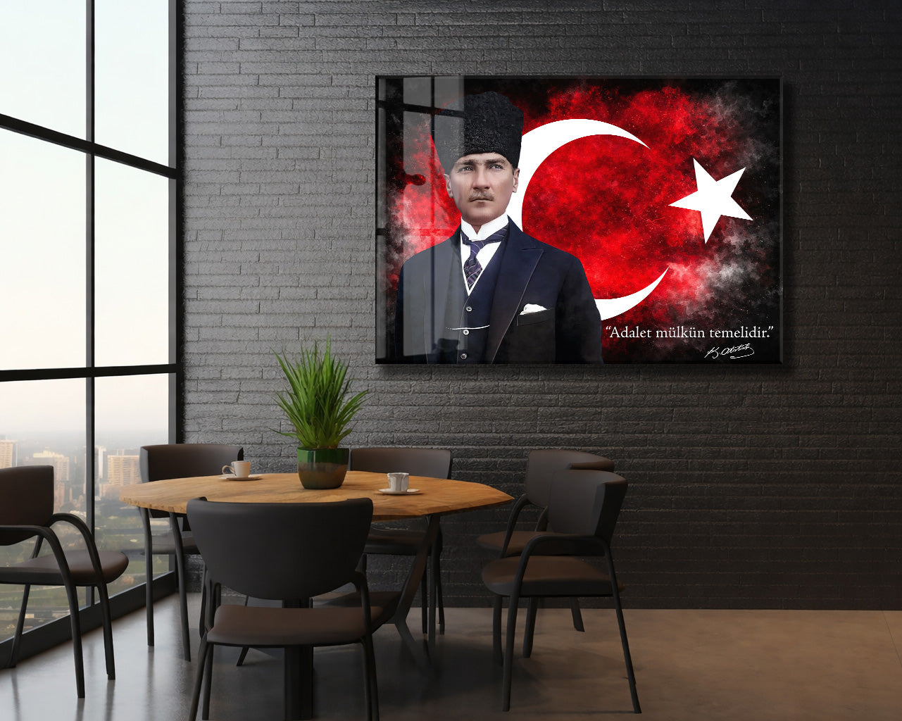 Kalpaklı Mustafa Kemal Atatürk Cam Tablo | “Adalet Mülkün Temelidir” 4 mm Temperli UV Baskılı -PeonyAta1312